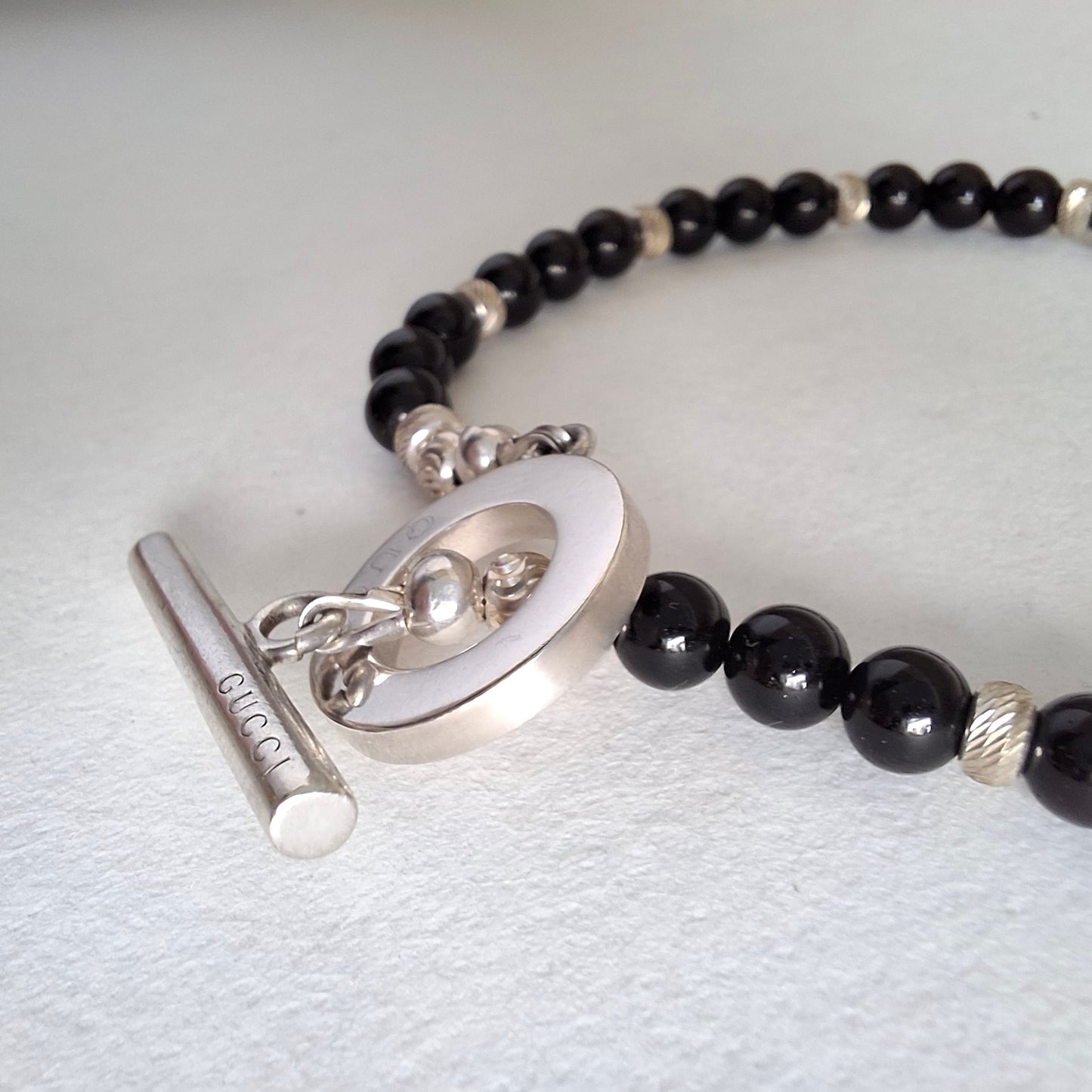 Gucci Black Onyx Boule Bead Bracelet with Diamond Cut Silver Beads