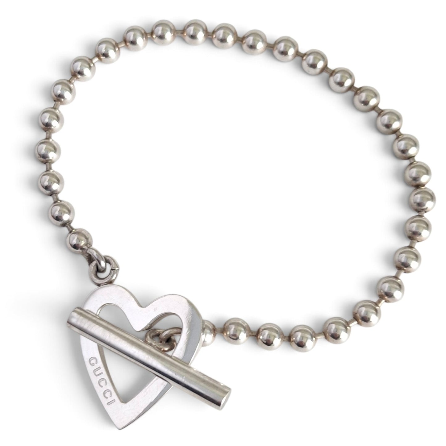 Gucci Love Heart Toggle Clasp Boule Bracelet in Hallmarked Sterling Silver Size 17