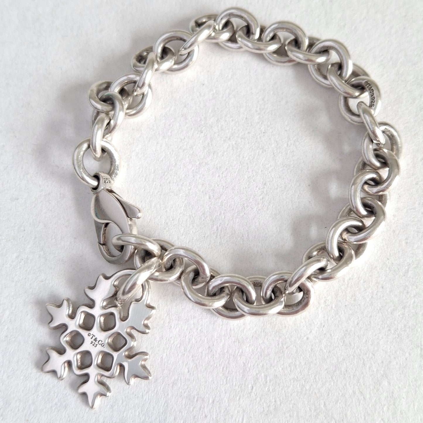 Vintage Tiffany & Co Snowflake Charm Bracelet in Hallmarked Sterling Silver with Box and Pouch