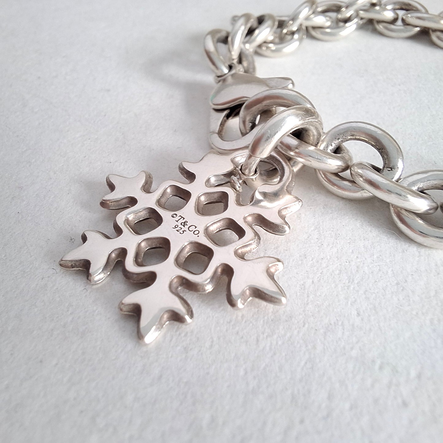 Vintage Tiffany & Co Snowflake Charm Bracelet in Hallmarked Sterling Silver with Box and Pouch