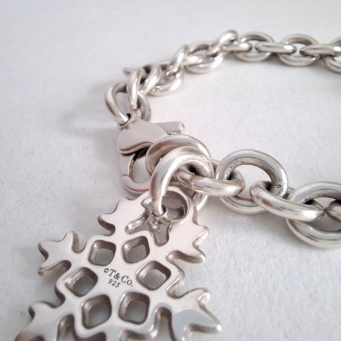 Vintage Tiffany & Co Snowflake Charm Bracelet in Hallmarked Sterling Silver with Box and Pouch