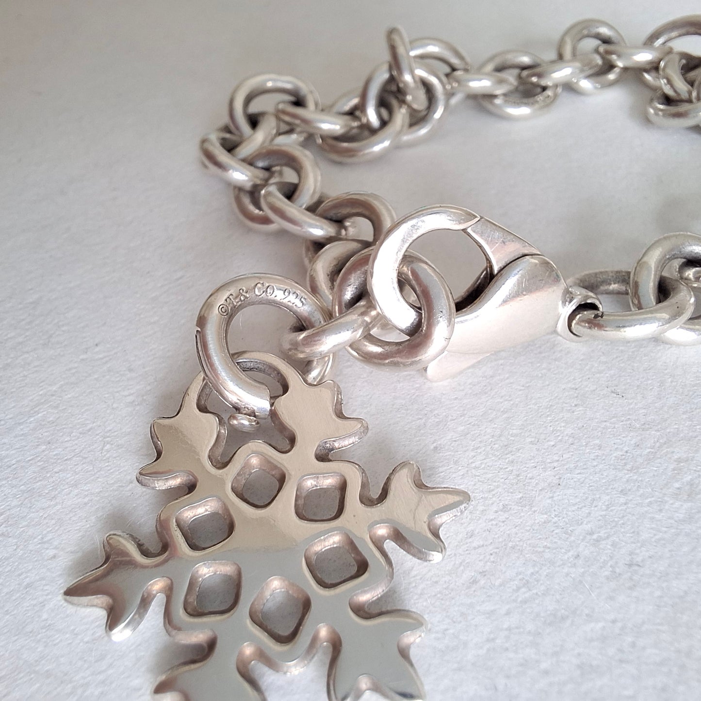 Vintage Tiffany & Co Snowflake Charm Bracelet in Hallmarked Sterling Silver with Box and Pouch