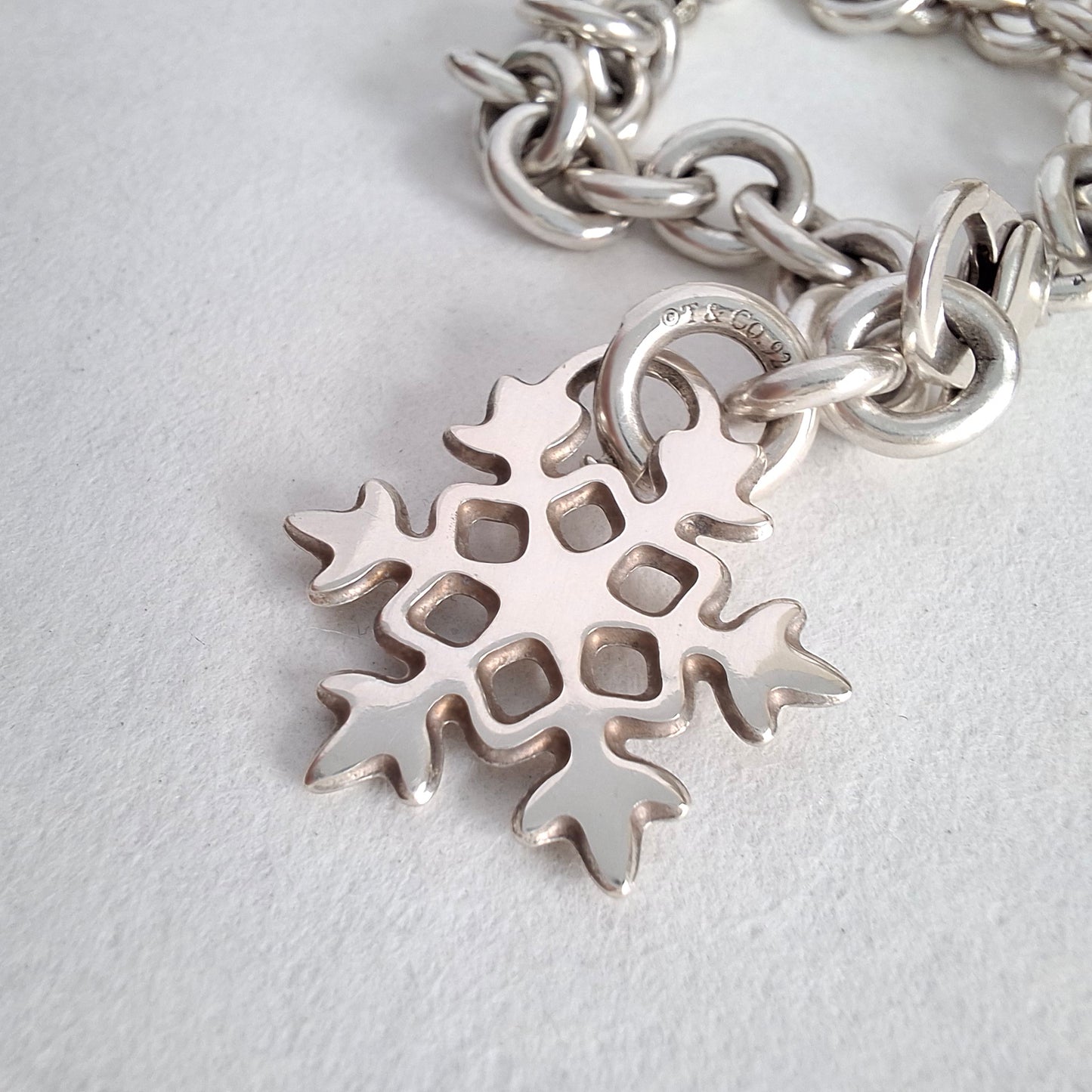Vintage Tiffany & Co Snowflake Charm Bracelet in Hallmarked Sterling Silver with Box and Pouch