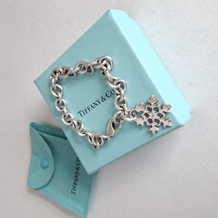 Vintage Tiffany & Co Snowflake Charm Bracelet in Hallmarked Sterling Silver with Box and Pouch