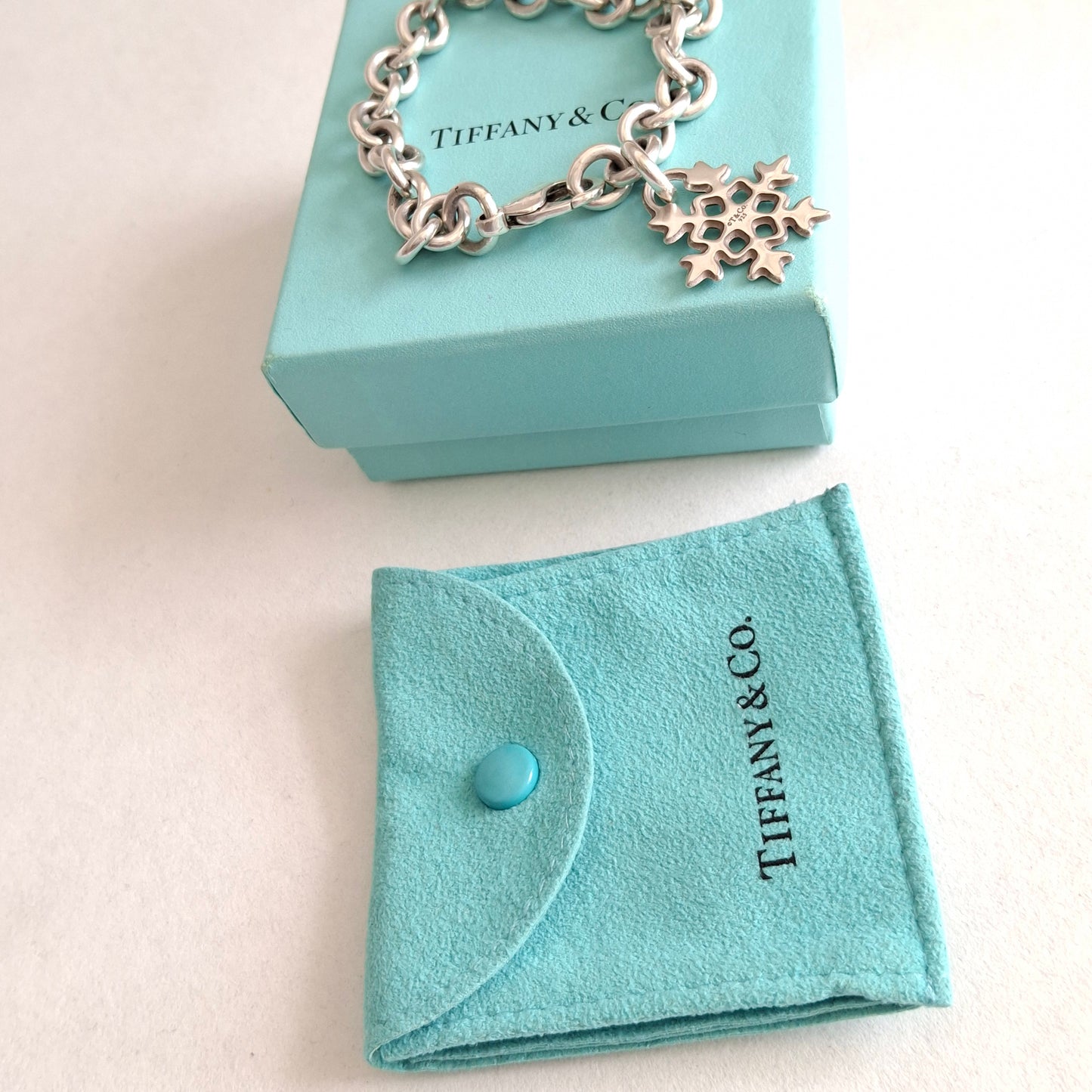Vintage Tiffany & Co Snowflake Charm Bracelet in Hallmarked Sterling Silver with Box and Pouch