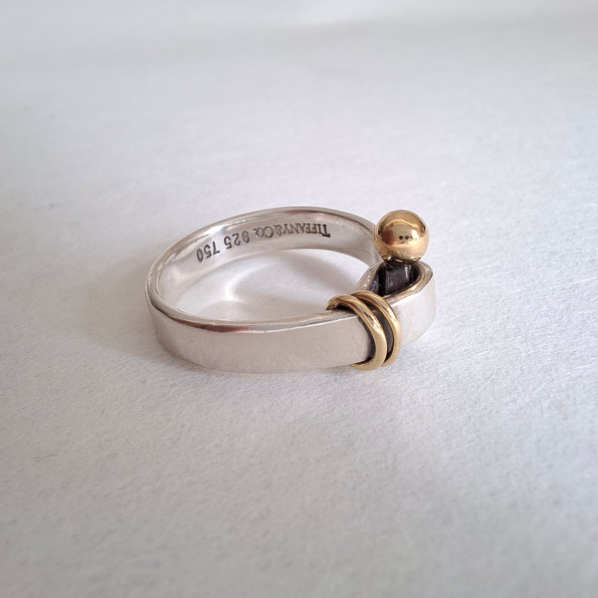 Vintage Tiffany & Co Sterling Silver and 18k Gold Hook and Eye Ring with Box and Pouch