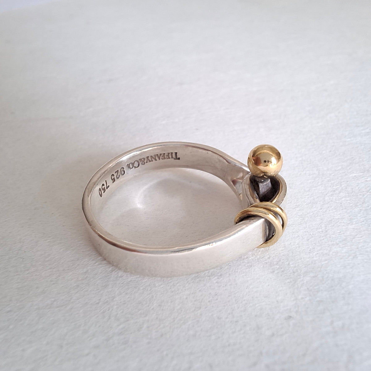 Vintage Tiffany & Co Sterling Silver and 18k Gold Hook and Eye Ring with Box and Pouch