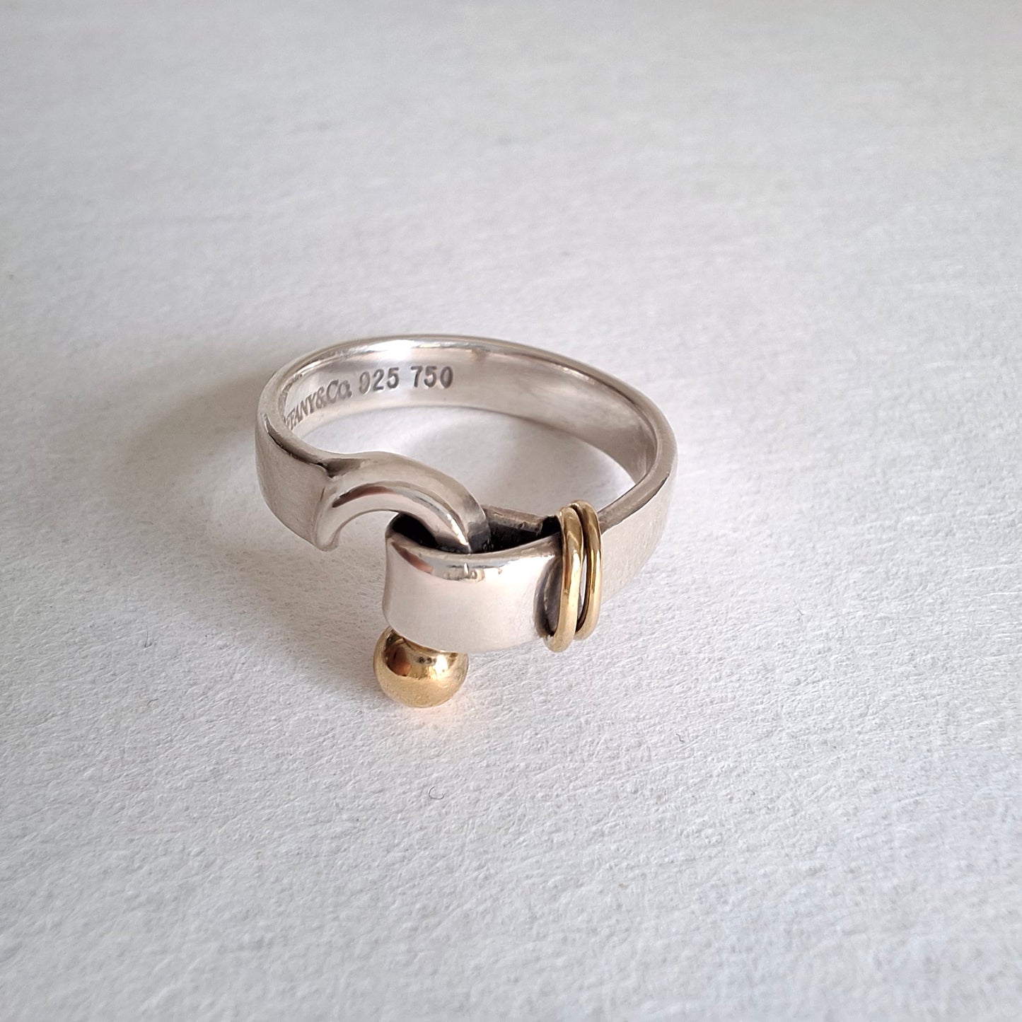 Vintage Tiffany & Co Sterling Silver and 18k Gold Hook and Eye Ring with Box and Pouch