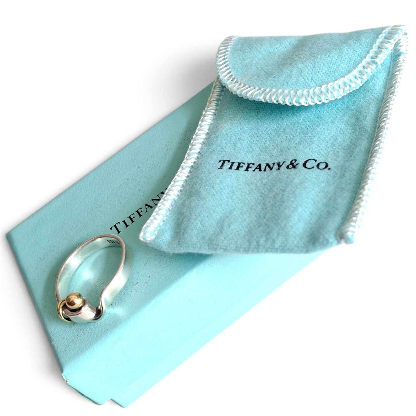 Vintage Tiffany & Co Sterling Silver and 18k Gold Hook and Eye Ring with Box and Pouch