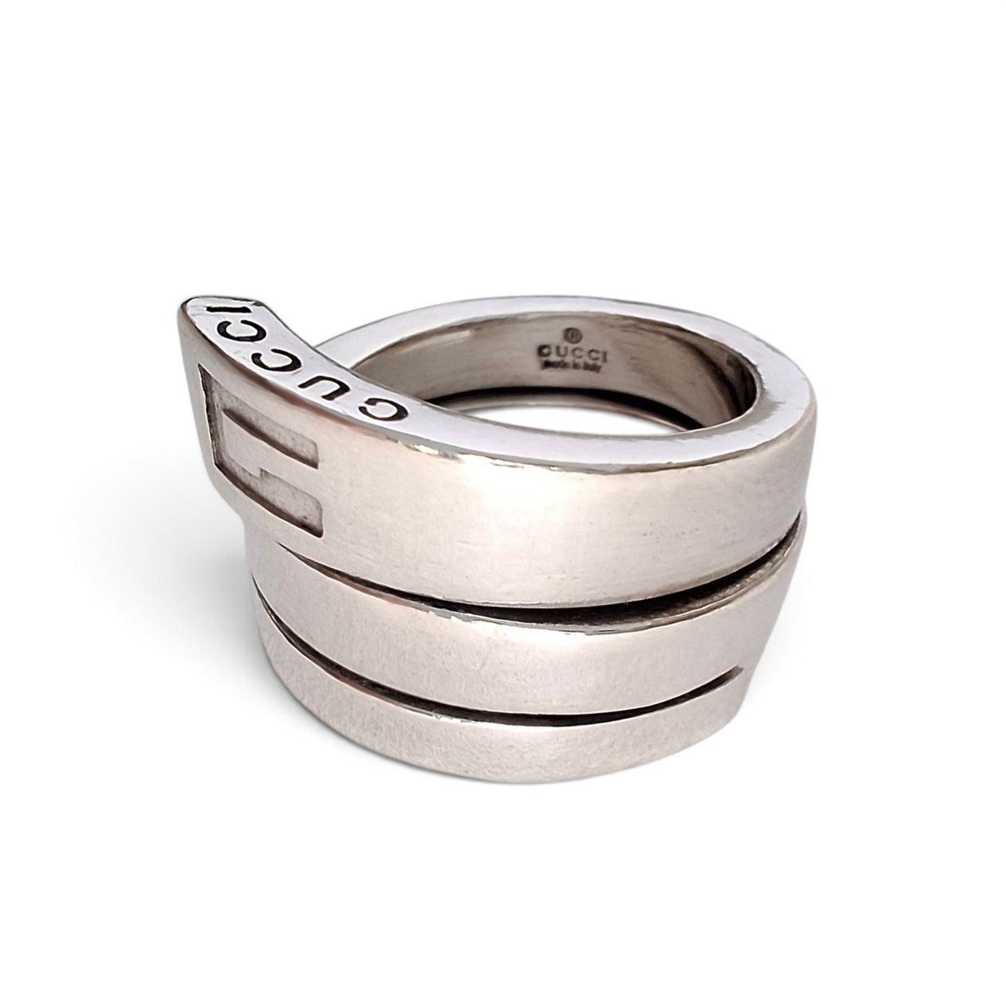 Vintage Gucci Markenzeichen Logo Spiralring aus punziertem Sterlingsilber UK Größe J US Größe 5