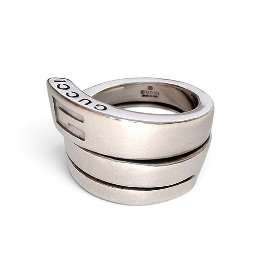 Vintage Gucci Markenzeichen Logo Spiralring aus punziertem Sterlingsilber UK Größe J US Größe 5