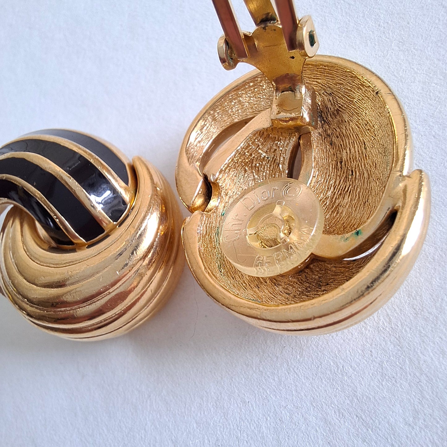 Vintage Gold Plated Black Enamel Christian Dior Earrings
