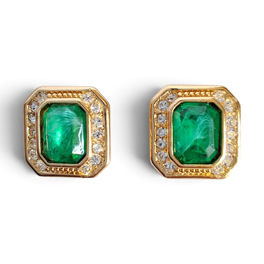 Vintage Christian Dior Faux Emerald Earrings for Pierced Ears
