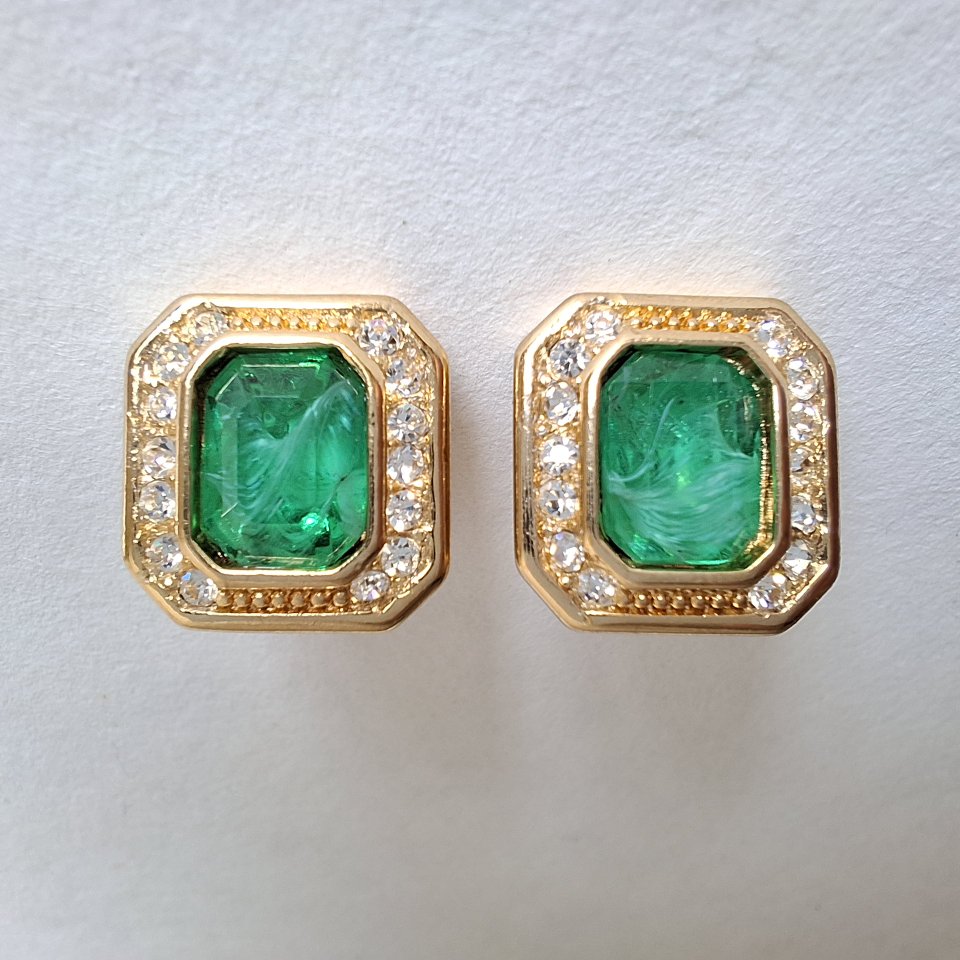 Vintage Christian Dior Faux Emerald Earrings for Pierced Ears