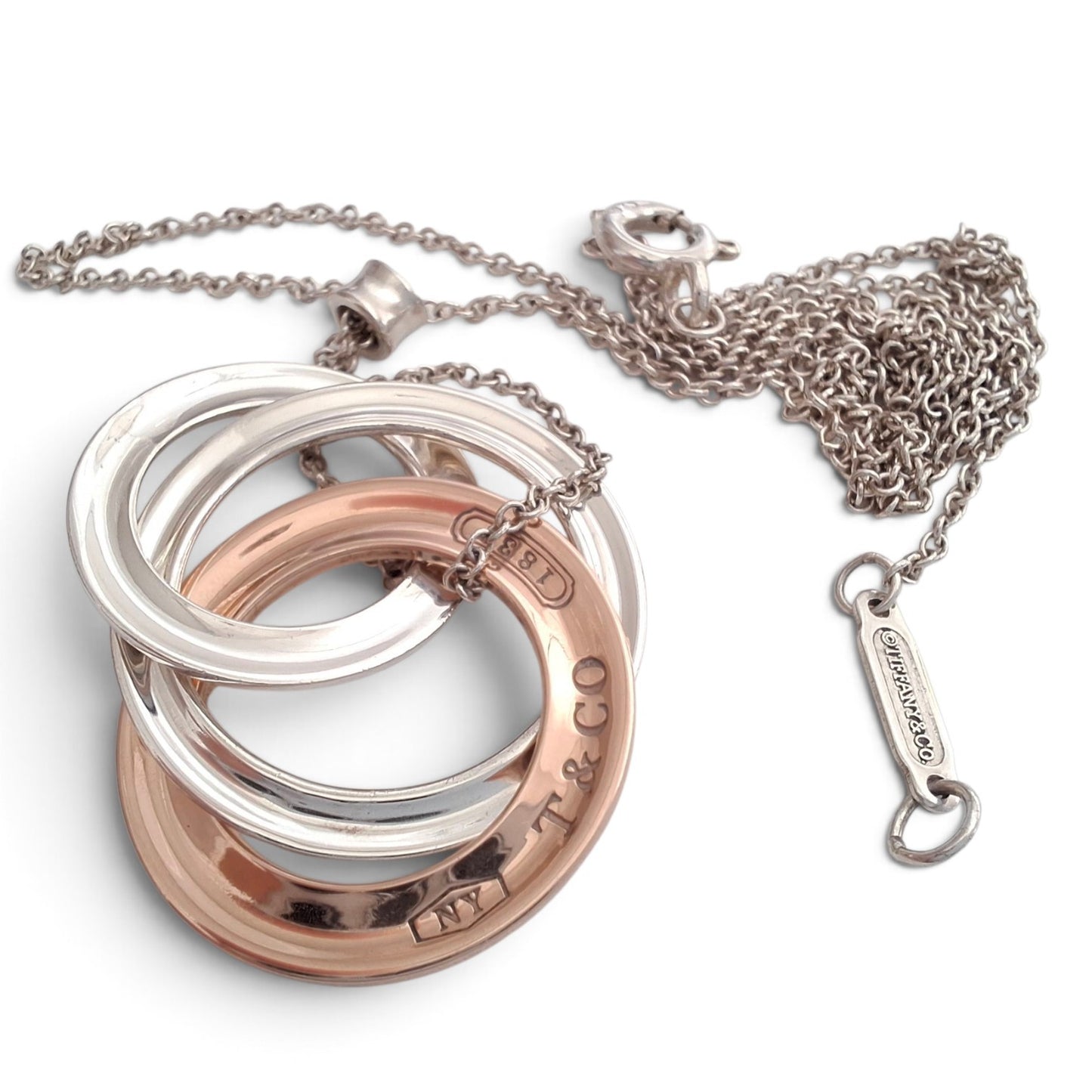 Tiffany & Co 1837 Triple Interlocking  Circles Pendant Necklace in Sterling Silver and Rubedo