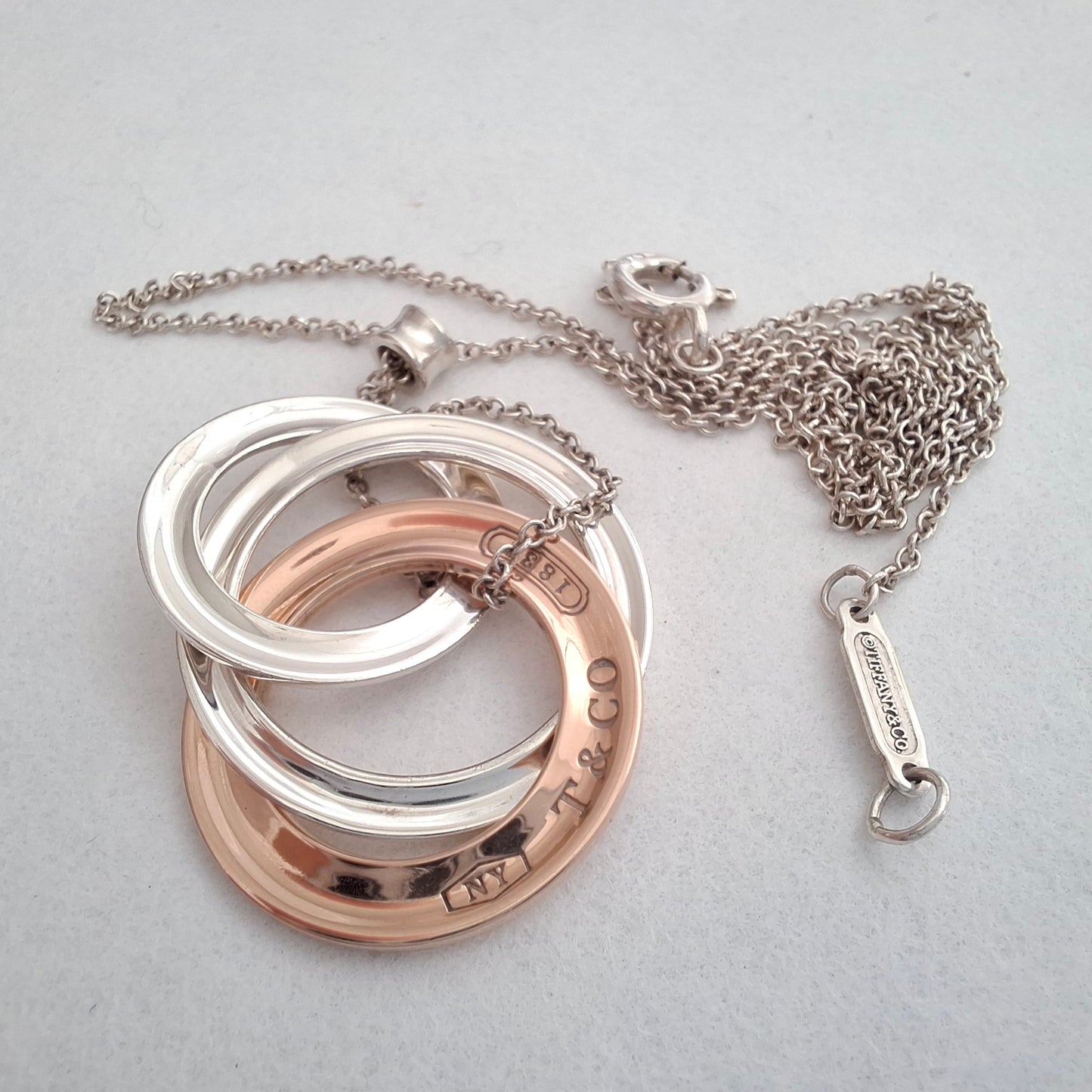 Tiffany & Co 1837 Triple Interlocking  Circles Pendant Necklace in Sterling Silver and Rubedo