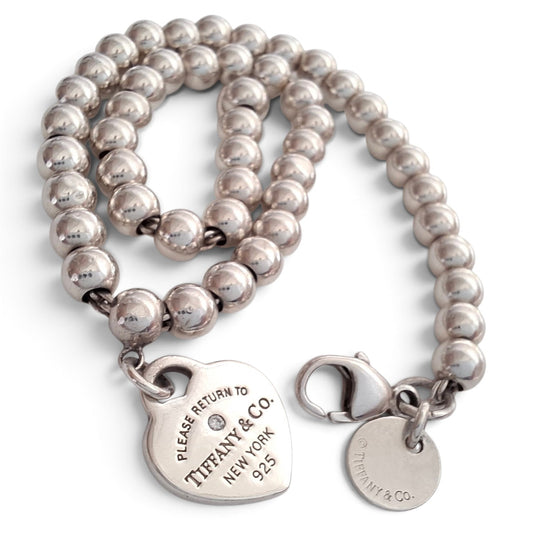 Return To Tiffany & Co Mini Heart Tag Bead Bracelet in Sterling Silver with a Diamond