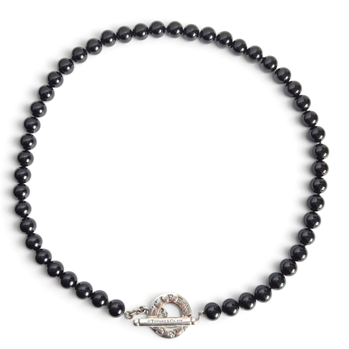 Tiffany & Co Toggle Clasp Onyx Bead Necklace in Hallmarked Sterling Silver