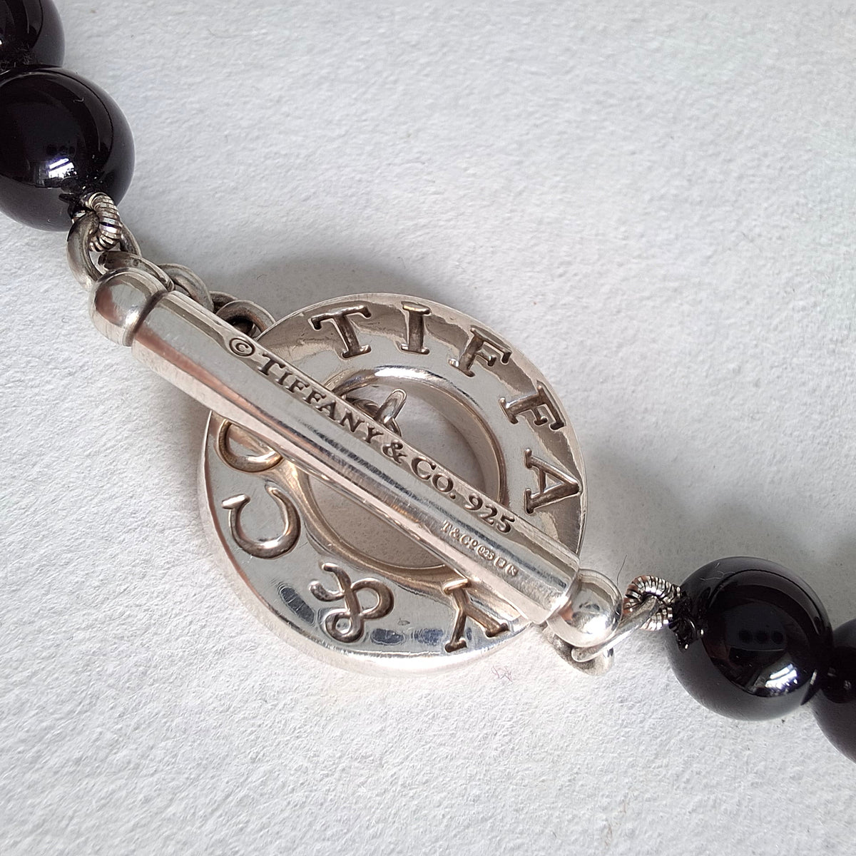 Tiffany & Co Toggle Clasp Onyx Bead Necklace in Hallmarked Sterling Silver