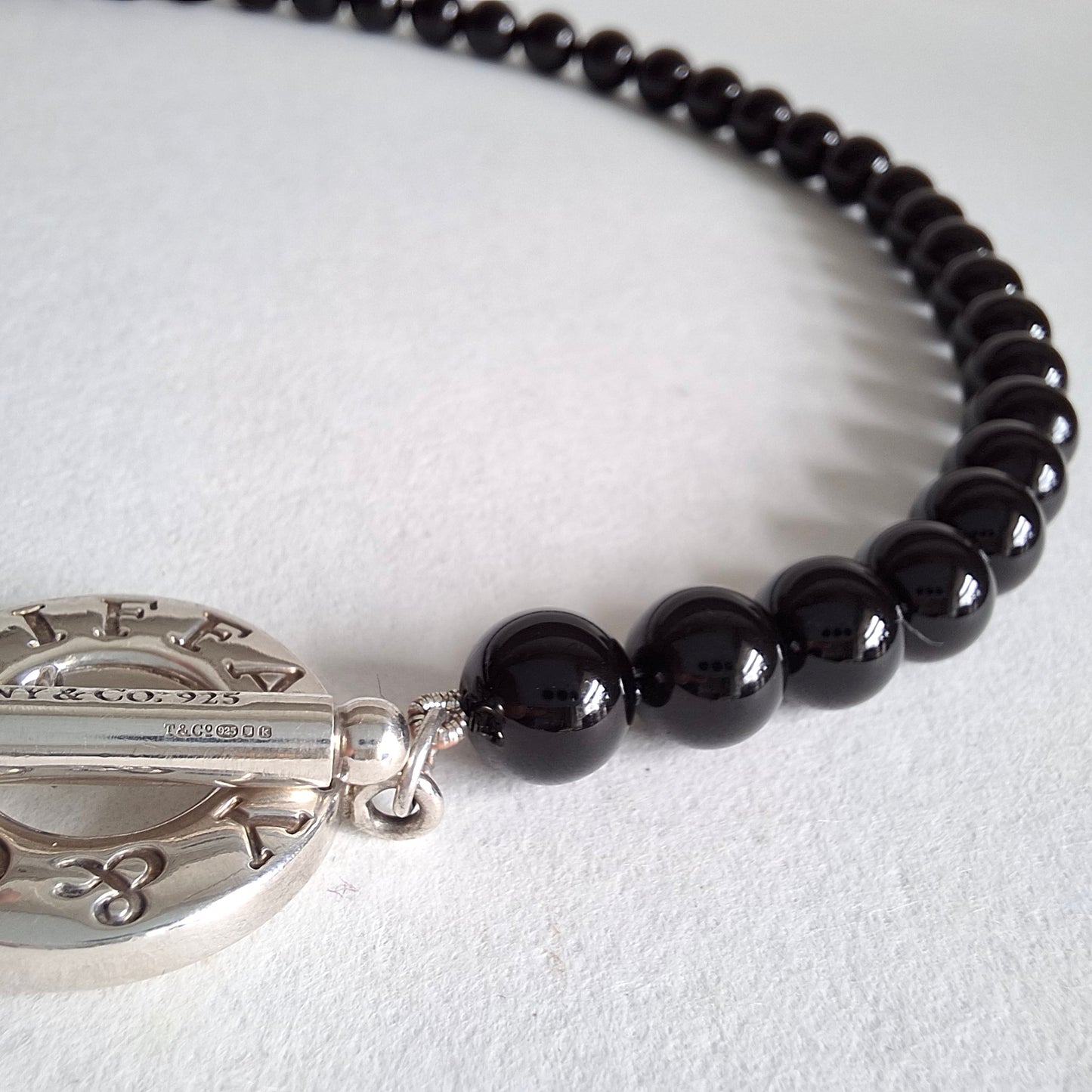 Tiffany & Co Toggle Clasp Onyx Bead Necklace in Hallmarked Sterling Silver