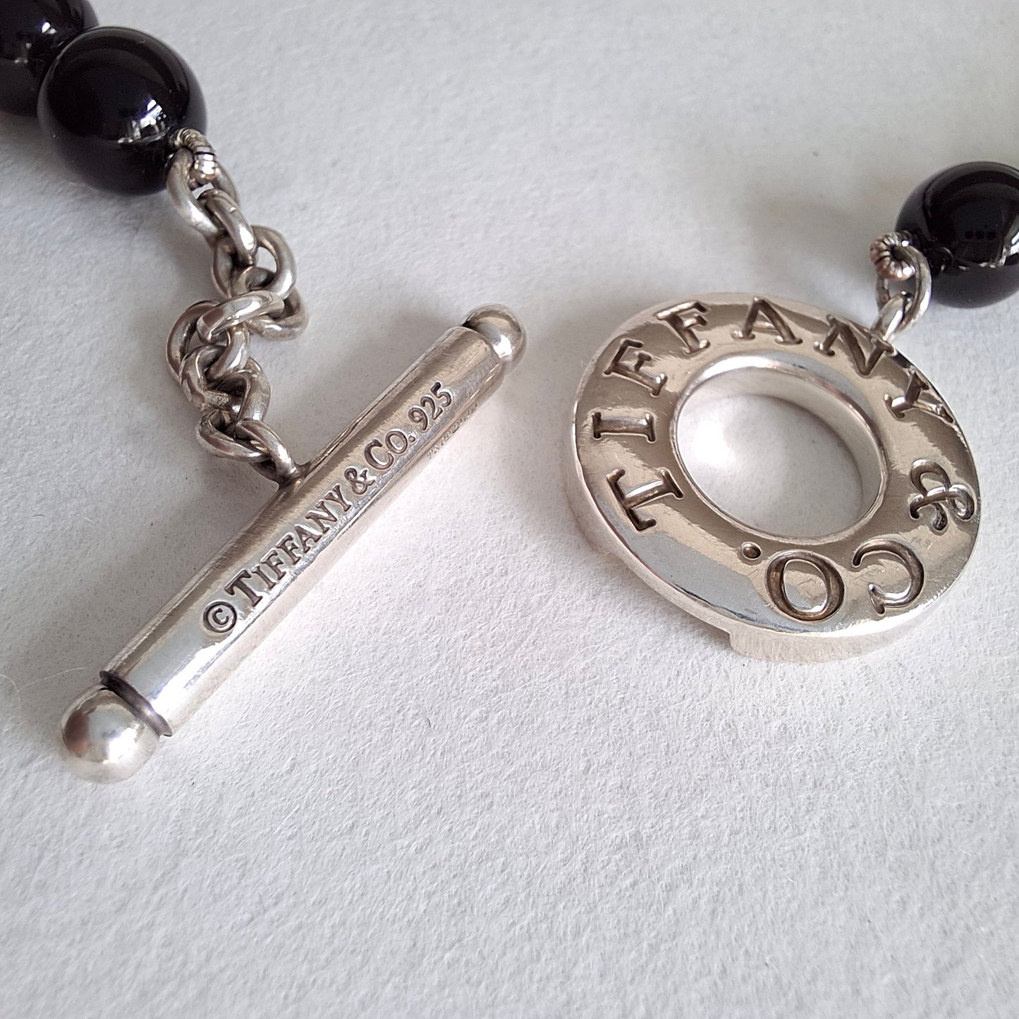 Tiffany & Co Toggle Clasp Onyx Bead Necklace in Hallmarked Sterling Silver