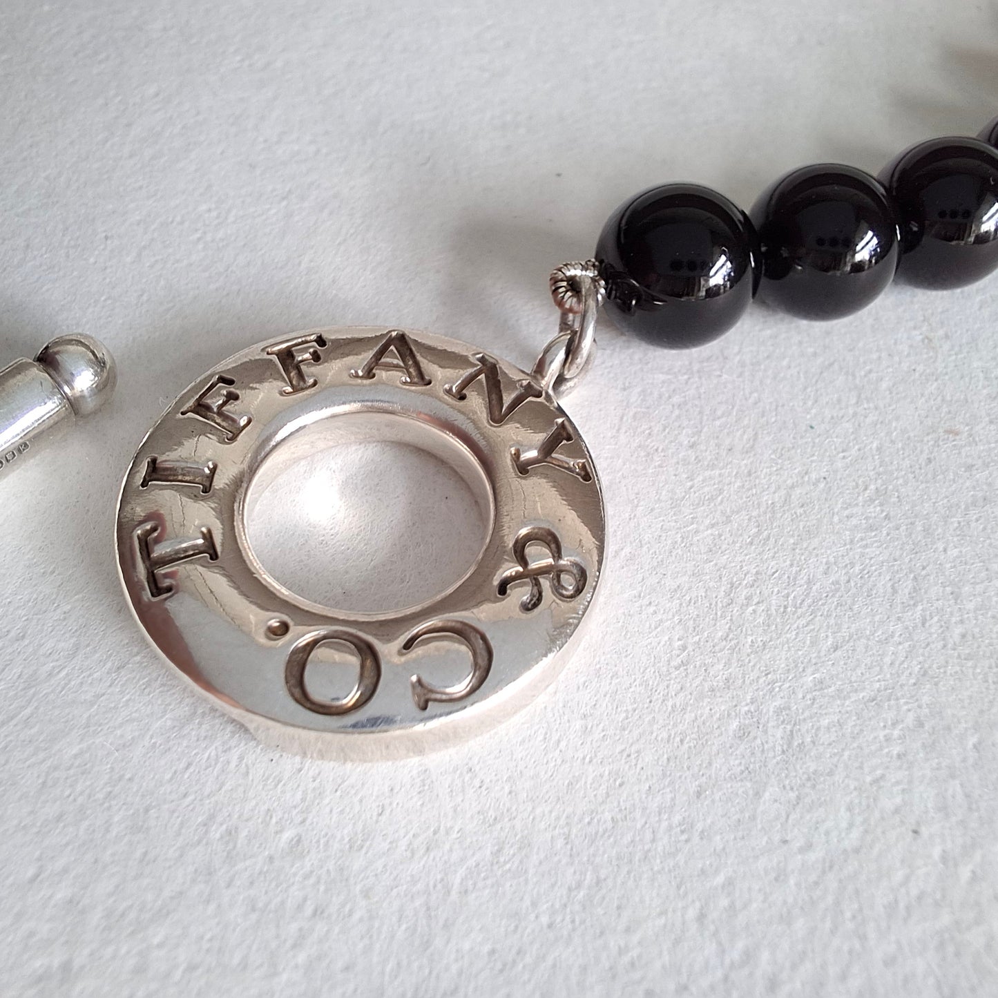 Tiffany & Co Toggle Clasp Onyx Bead Necklace in Hallmarked Sterling Silver