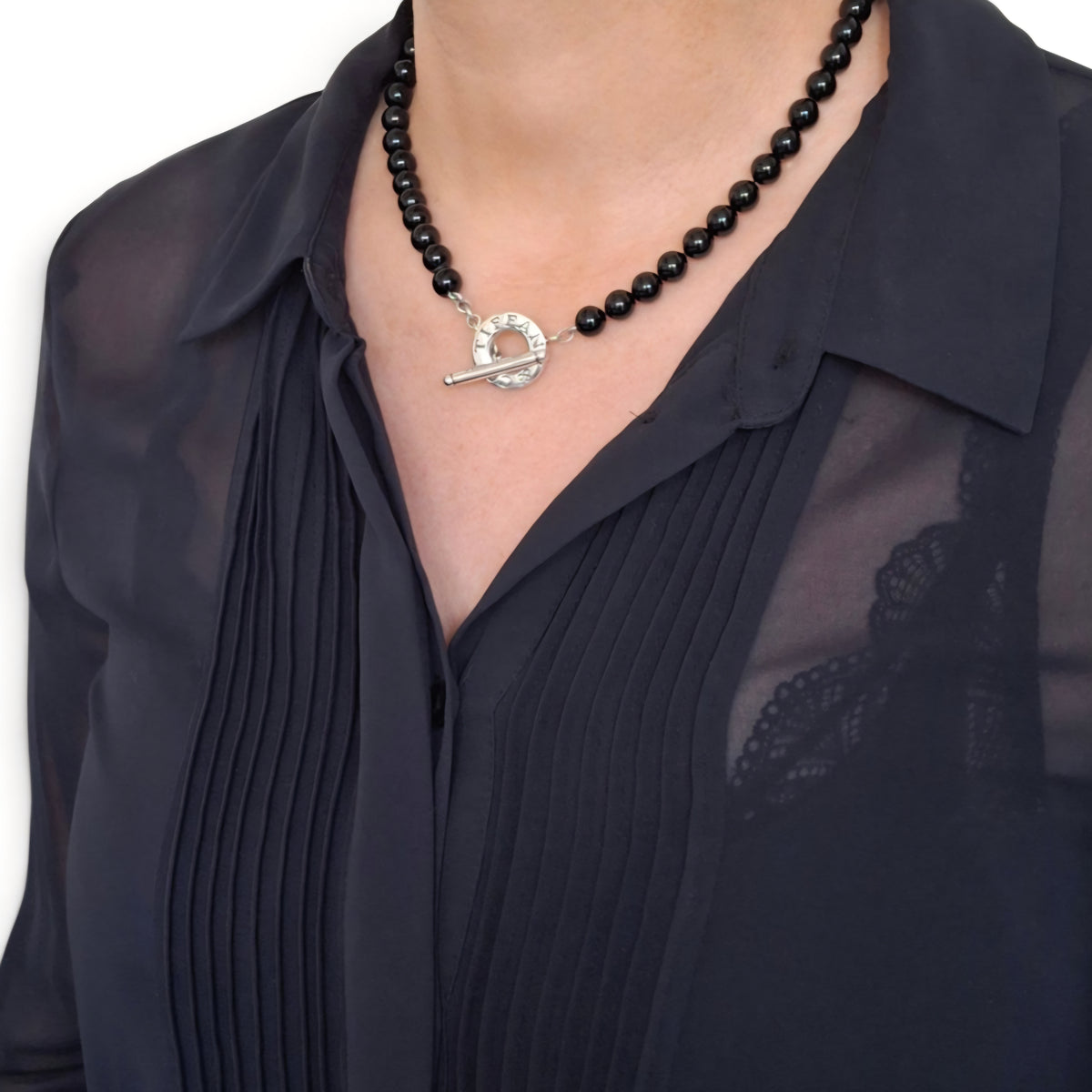 Tiffany & Co Toggle Clasp Onyx Bead Necklace in Hallmarked Sterling Silver