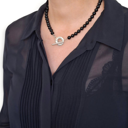 Tiffany & Co Toggle Clasp Onyx Bead Necklace in Hallmarked Sterling Silver