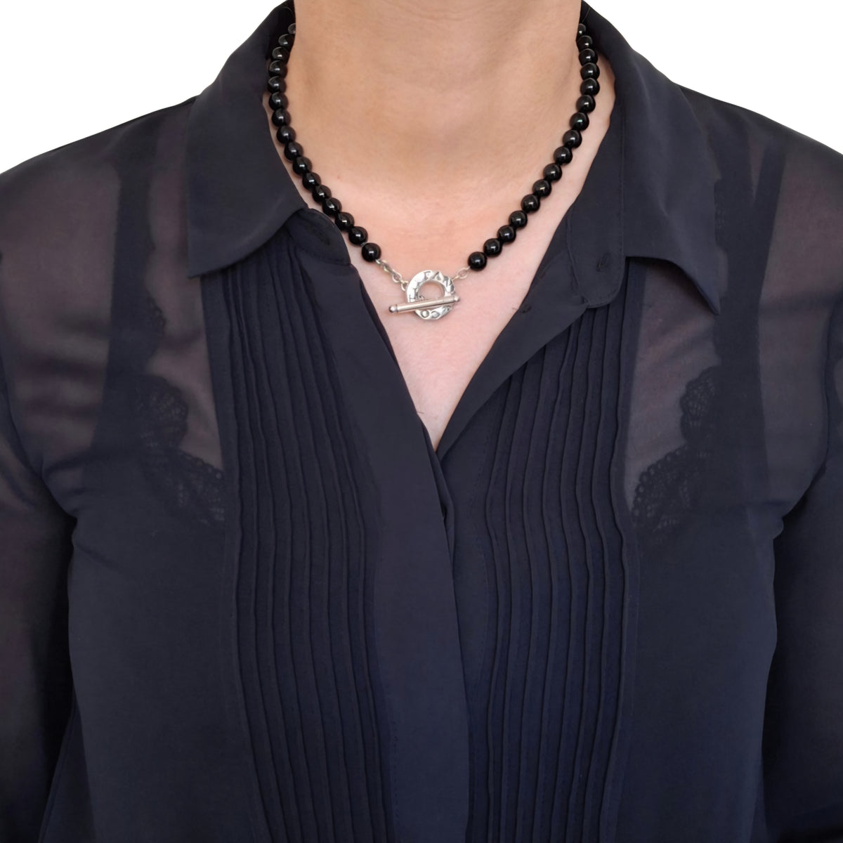 Tiffany & Co Toggle Clasp Onyx Bead Necklace in Hallmarked Sterling Silver