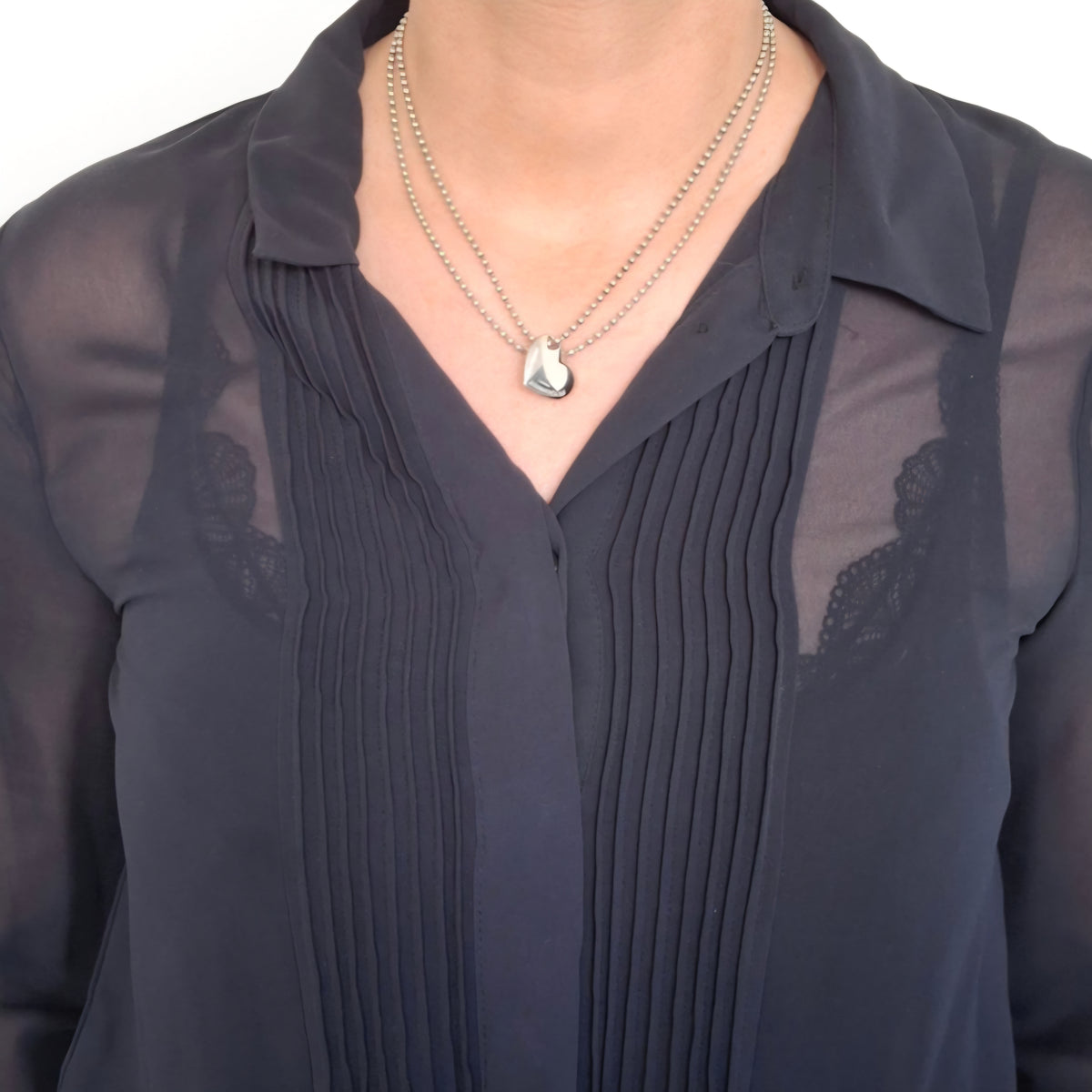 Vintage Tiffany & Co Solid Love Heart Necklace on 88cm Long Beaded Chain in Hallmarked Sterling Silver