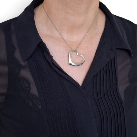 Large Sterling Silver 36mm Open Heart Pendant Necklace by Elsa Peretti for Tiffany & Co