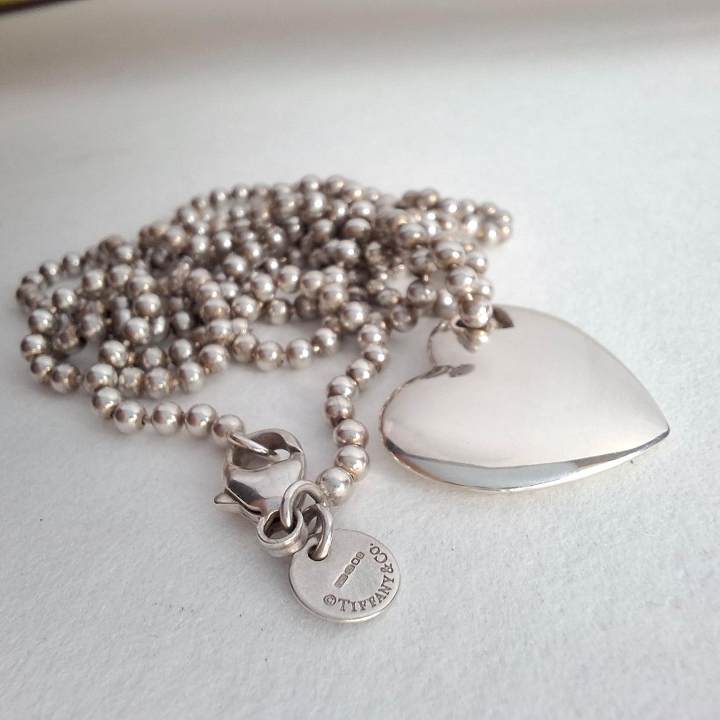Vintage Tiffany & Co Solid Love Heart Necklace on 88cm Long Beaded Chain in Hallmarked Sterling Silver