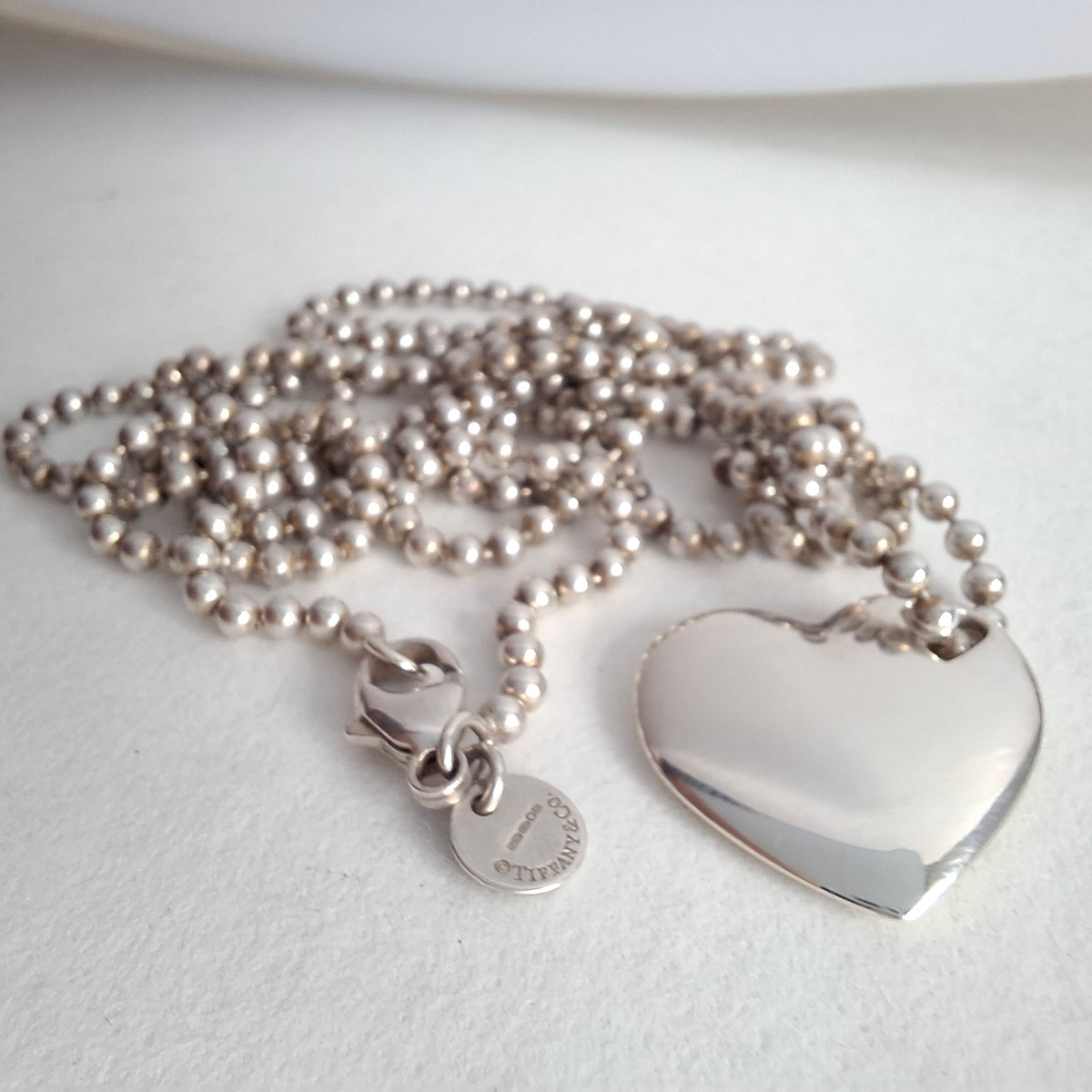Vintage Tiffany & Co Solid Love Heart Necklace on 88cm Long Beaded Chain in Hallmarked Sterling Silver