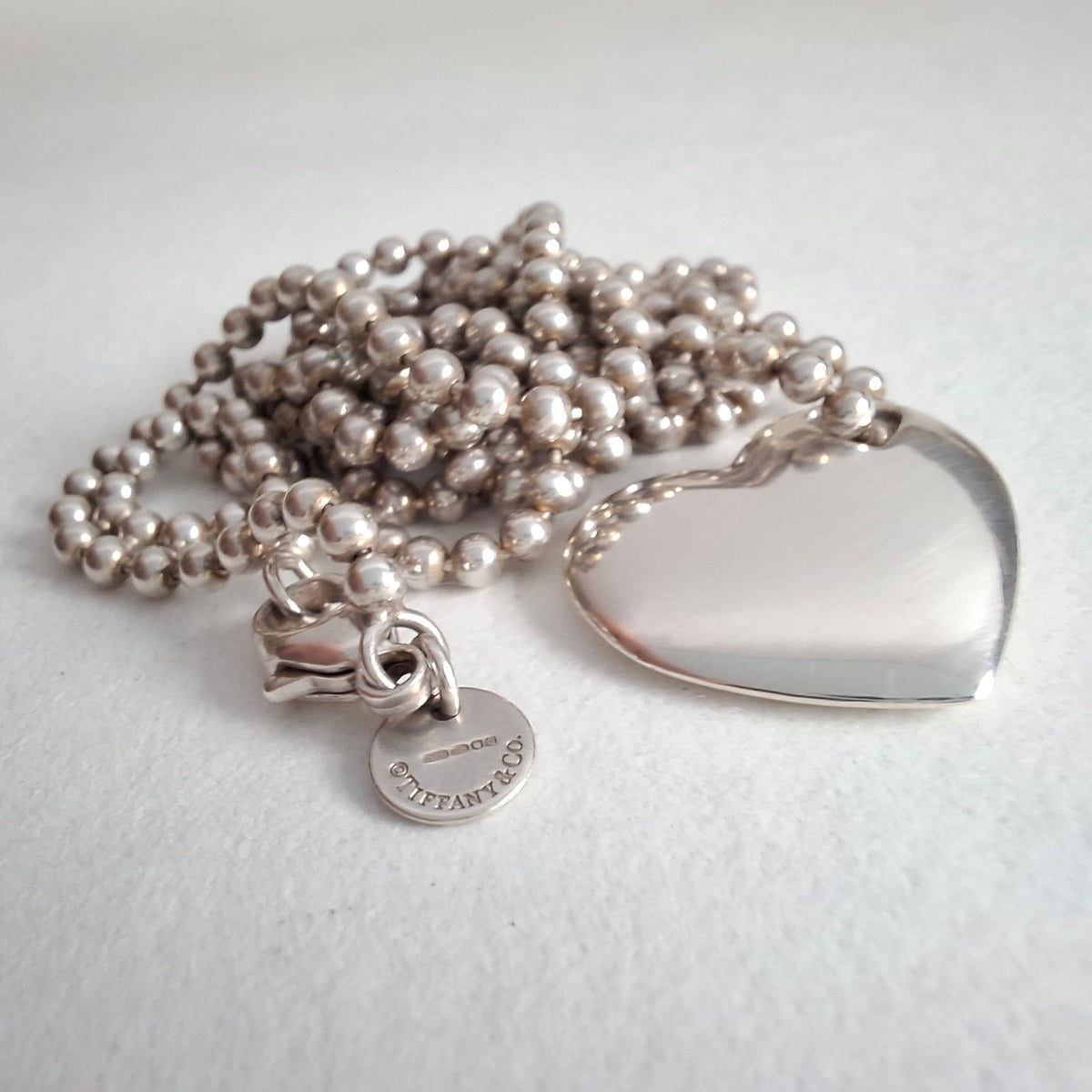 Vintage Tiffany & Co Solid Love Heart Necklace on 88cm Long Beaded Chain in Hallmarked Sterling Silver
