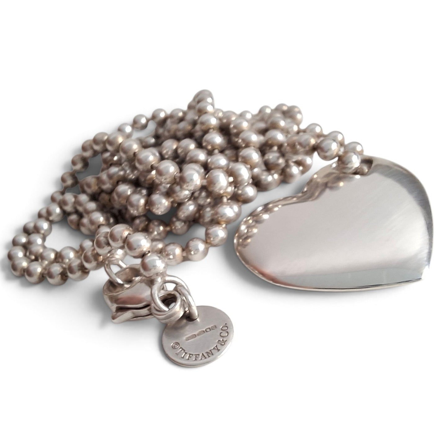 Vintage Tiffany & Co Solid Love Heart Necklace on 88cm Long Beaded Chain in Hallmarked Sterling Silver