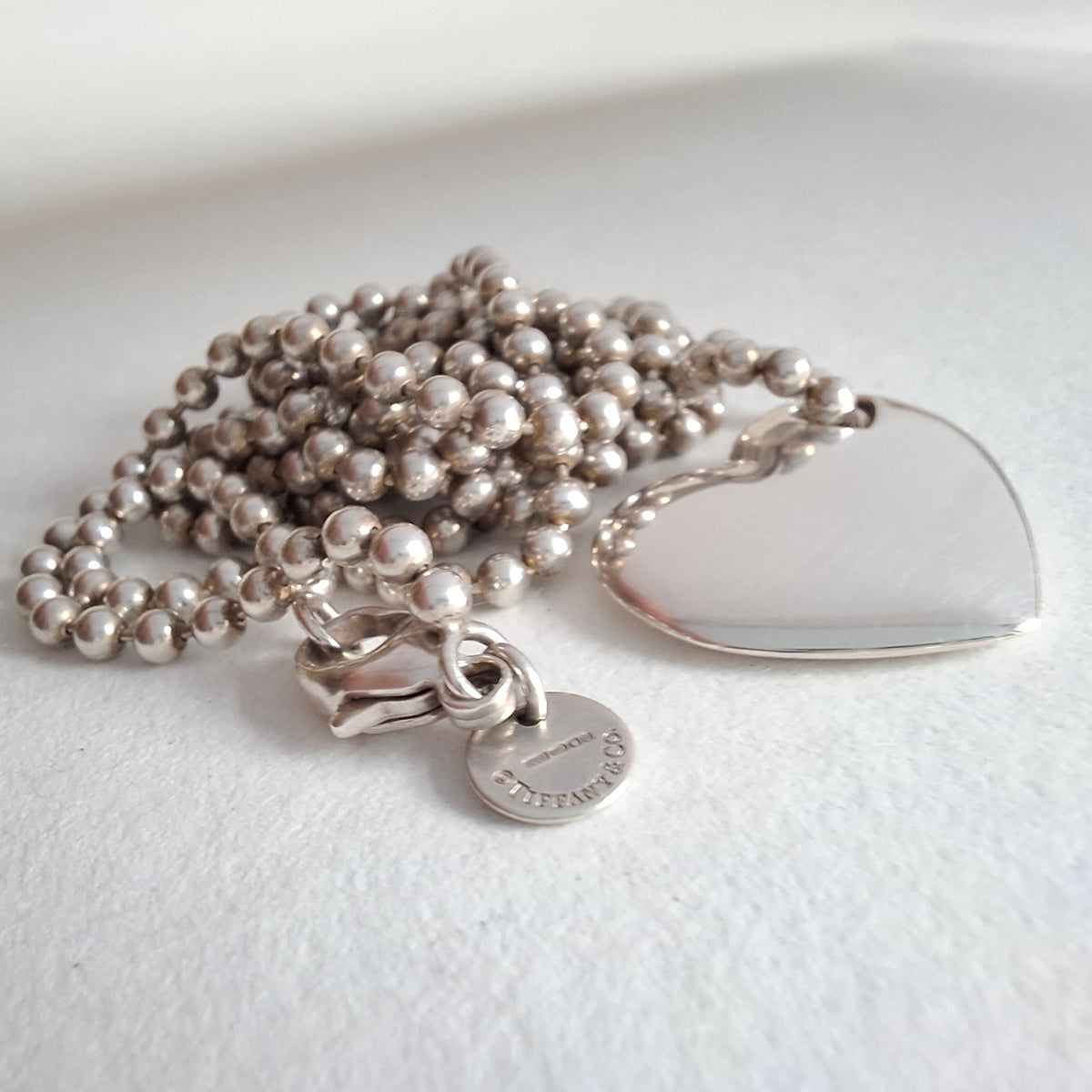 Vintage Tiffany & Co Solid Love Heart Necklace on 88cm Long Beaded Chain in Hallmarked Sterling Silver