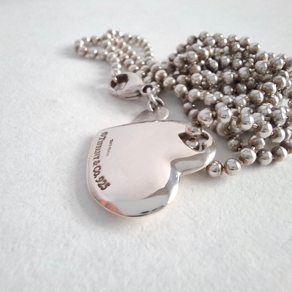 Vintage Tiffany & Co Solid Love Heart Necklace on 88cm Long Beaded Chain in Hallmarked Sterling Silver