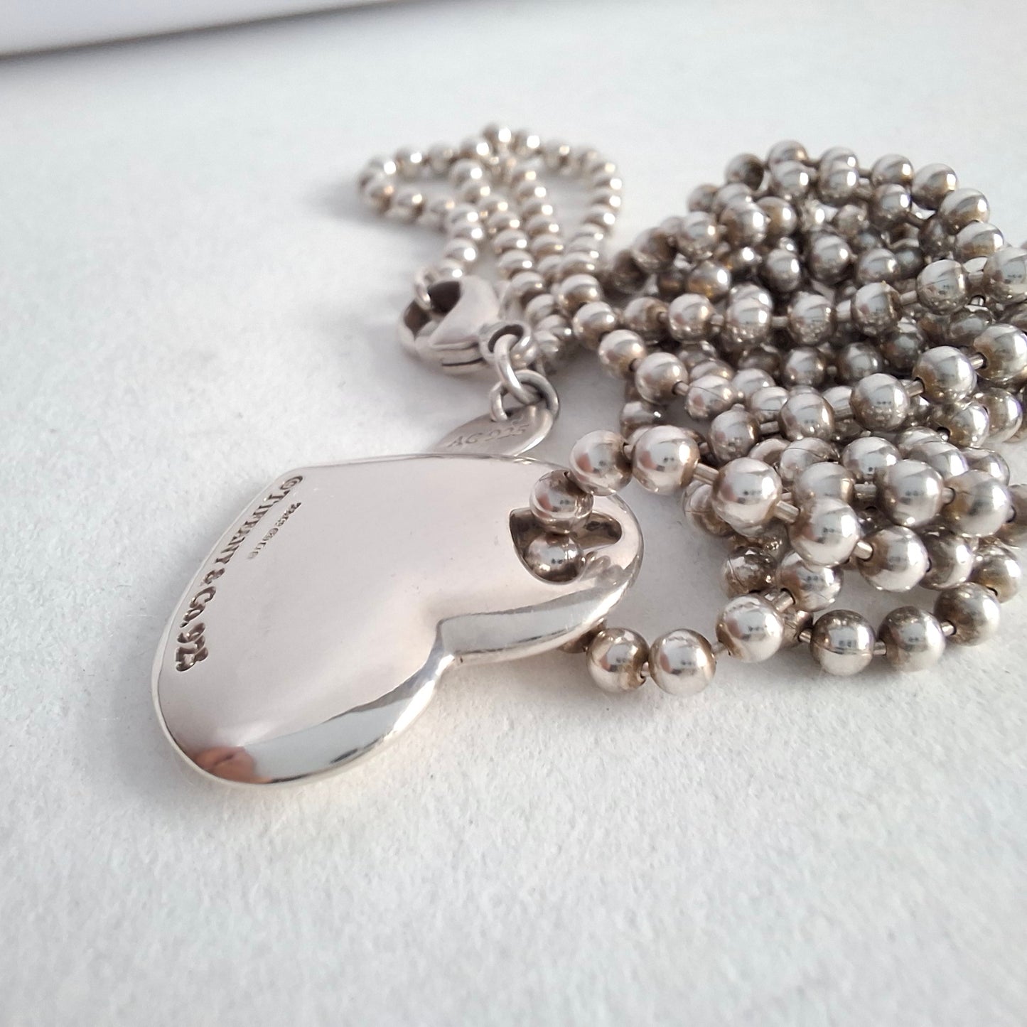 Vintage Tiffany & Co Solid Love Heart Necklace on 88cm Long Beaded Chain in Hallmarked Sterling Silver