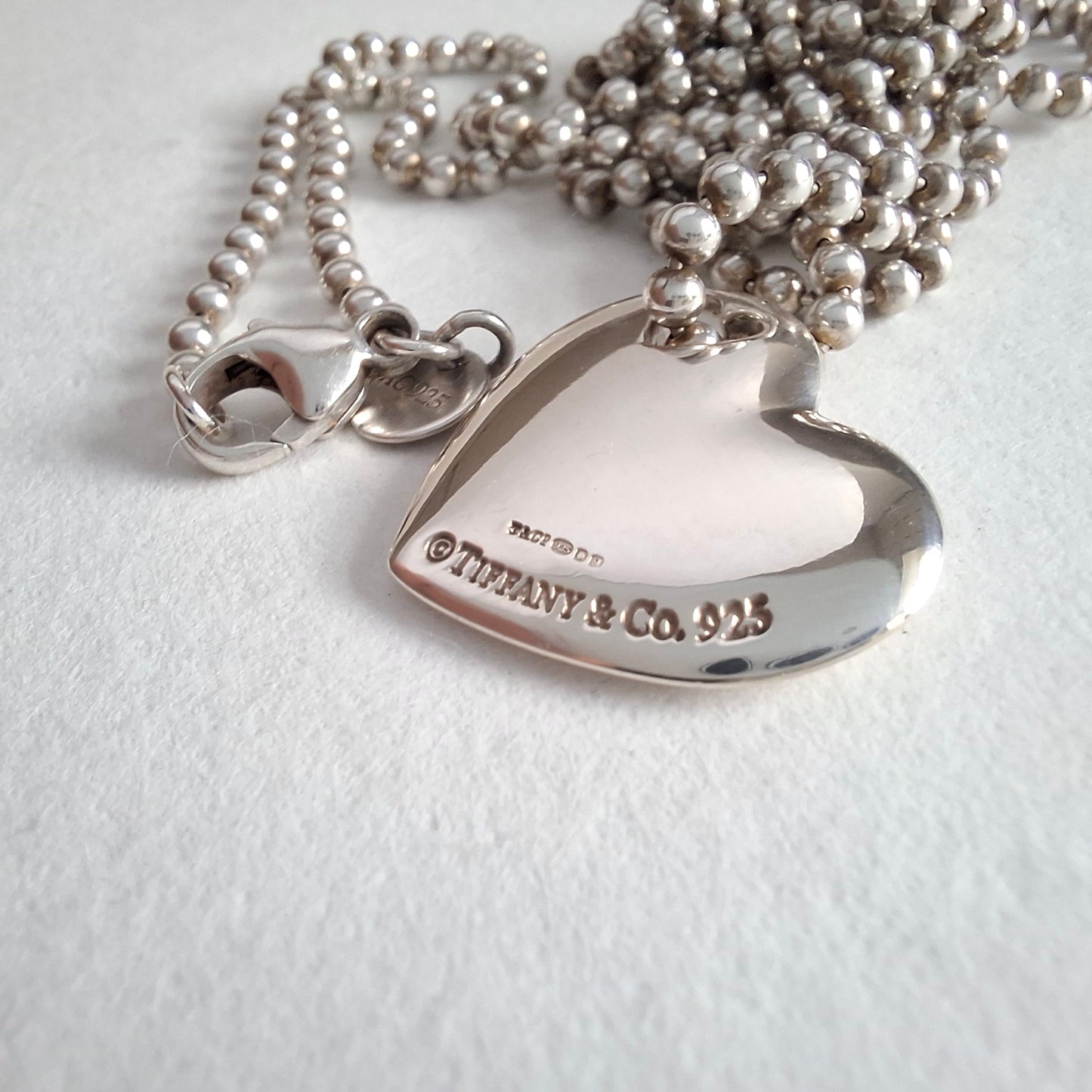 Vintage Tiffany & Co Solid Love Heart Necklace on 88cm Long Beaded Chain in Hallmarked Sterling Silver