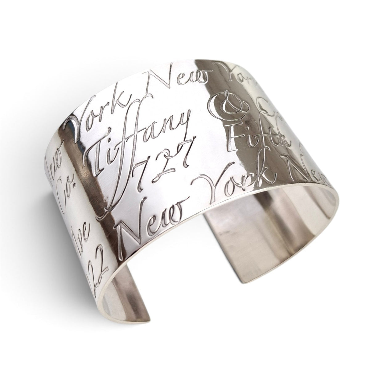 Tiffany & Co 727 Fifth Avenue New York Notes Italic Script Cuff Bracelet in Hallmarked Sterling Silver