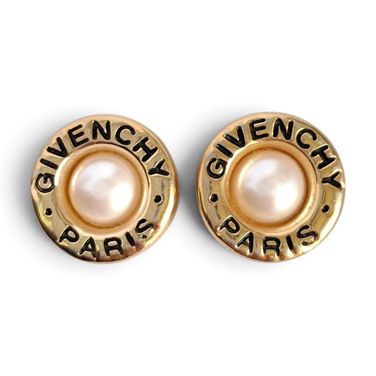 Vintage Givenchy Paris Logo Pearl Stud Earings