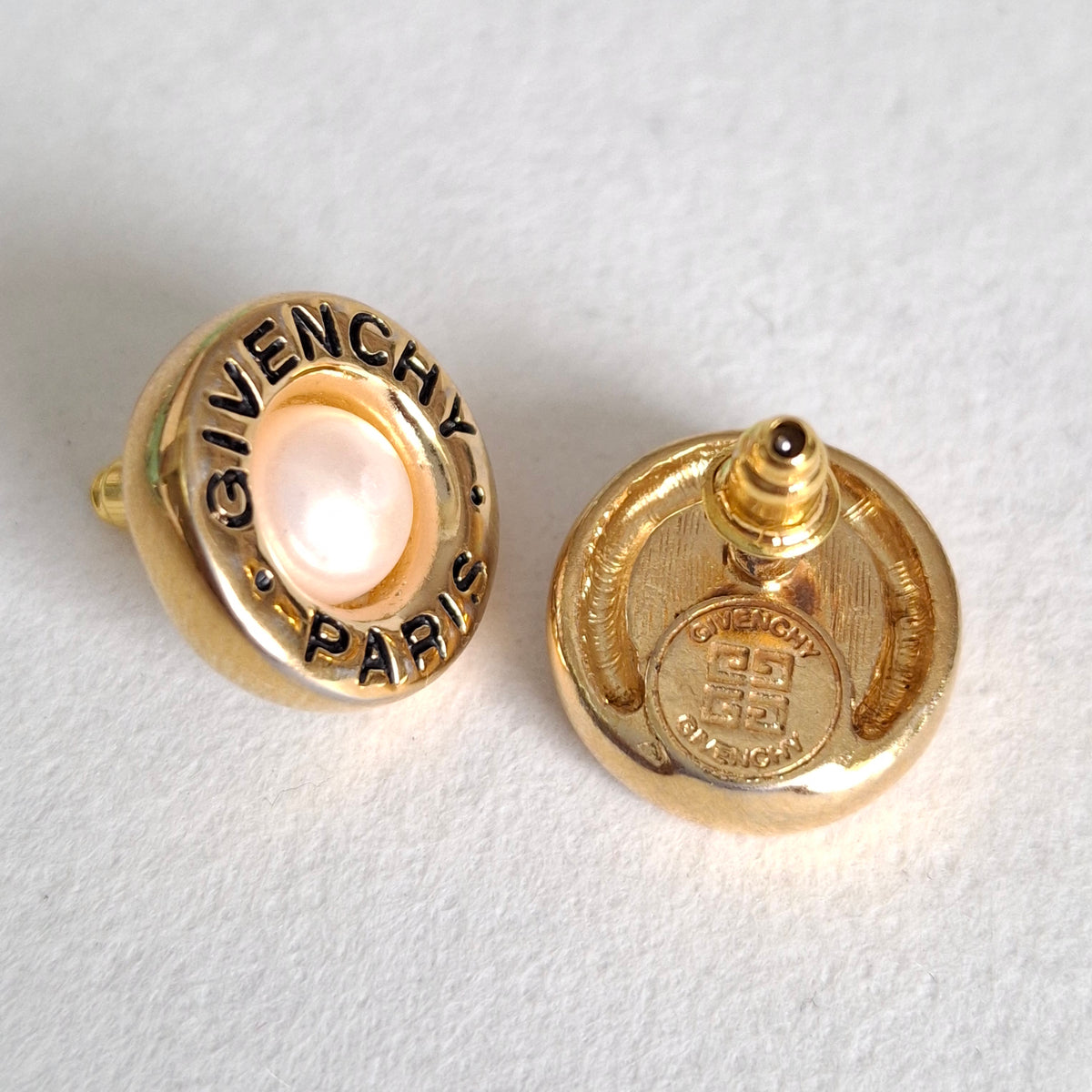 Vintage Givenchy Paris Logo Pearl Stud Earings