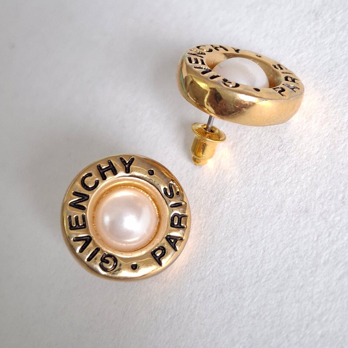 Vintage Givenchy Paris Logo Pearl Stud Earings