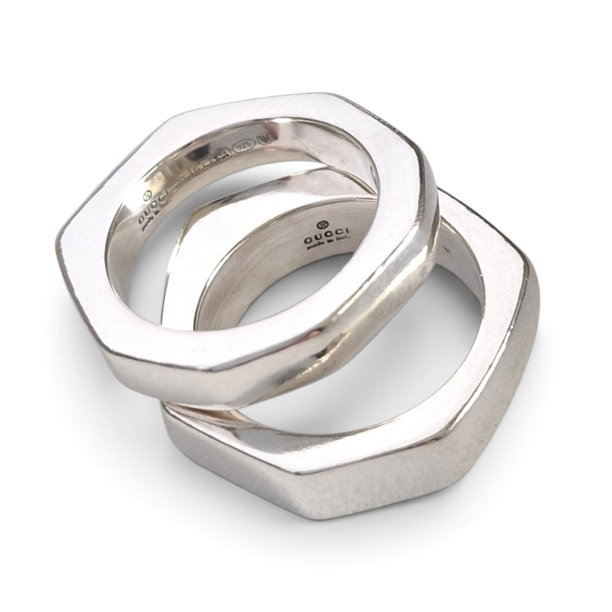 A Pair of Sterling Silver Gucci Hex Stacking Rings with Pouch and Box
