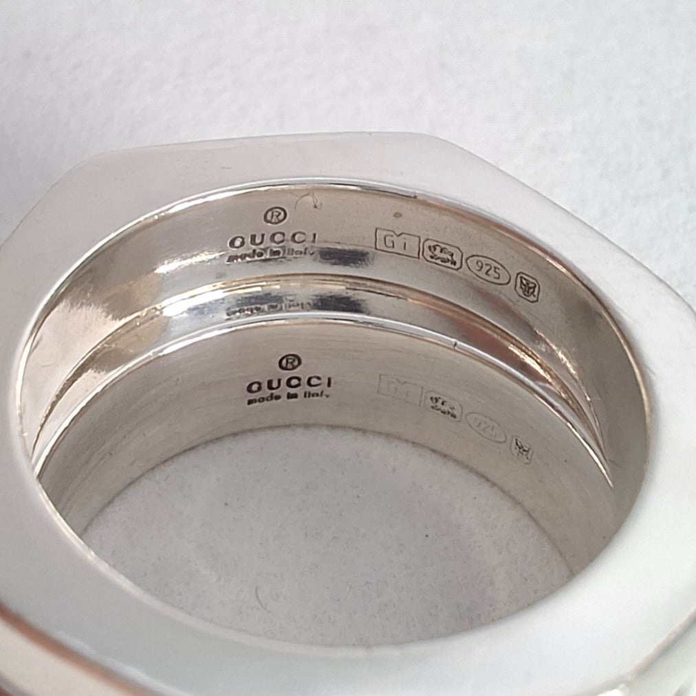 A Pair of Sterling Silver Gucci Hex Stacking Rings with Pouch and Box