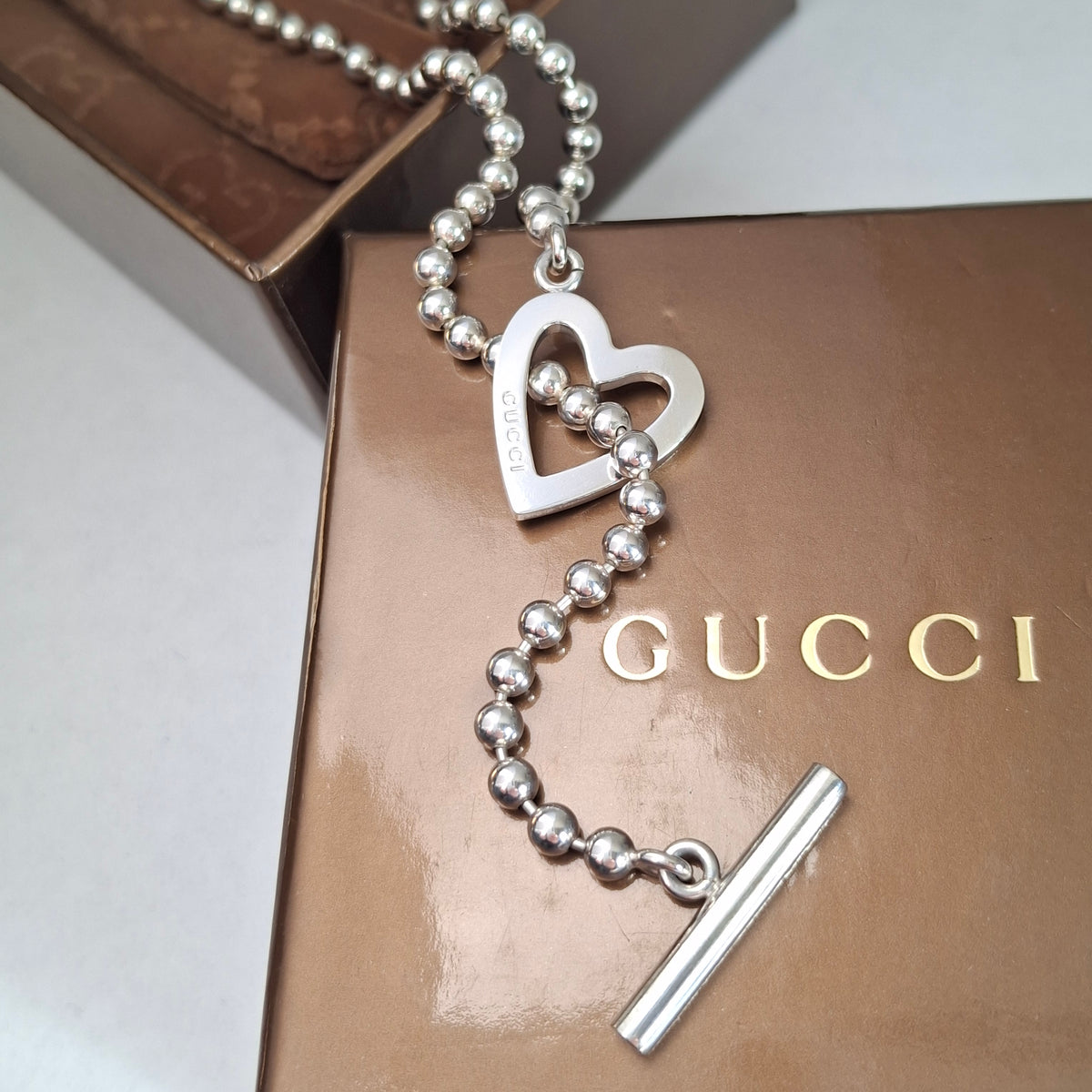 Gucci Love Heart Toggle Clasp Boule Bead Necklace in Hallmarked Sterling Silver