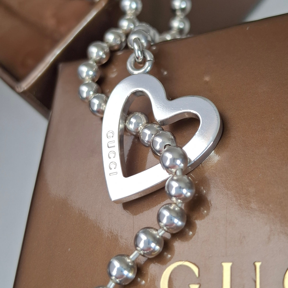 Gucci Love Heart Toggle Clasp Boule Bead Necklace in Hallmarked Sterling Silver