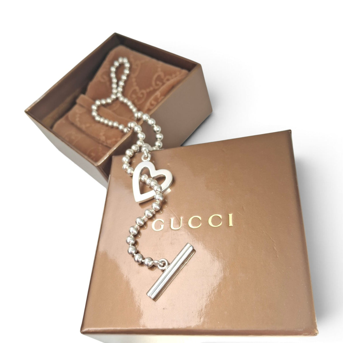 Gucci Love Heart Toggle Clasp Boule Bead Necklace in Hallmarked Sterling Silver