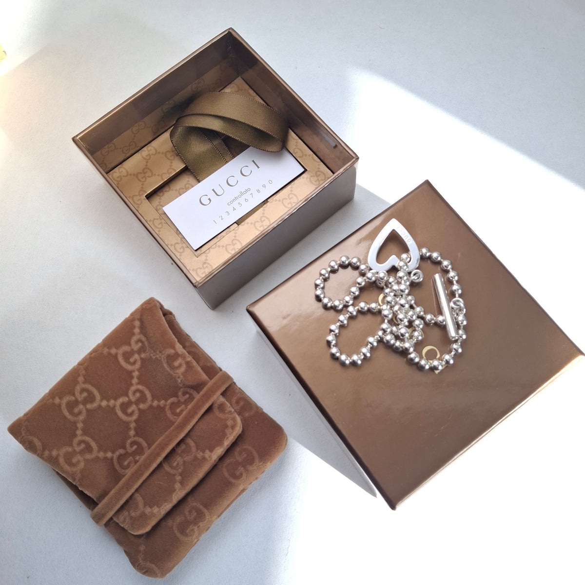 Gucci Love Heart Toggle Clasp Boule Bead Necklace in Hallmarked Sterling Silver
