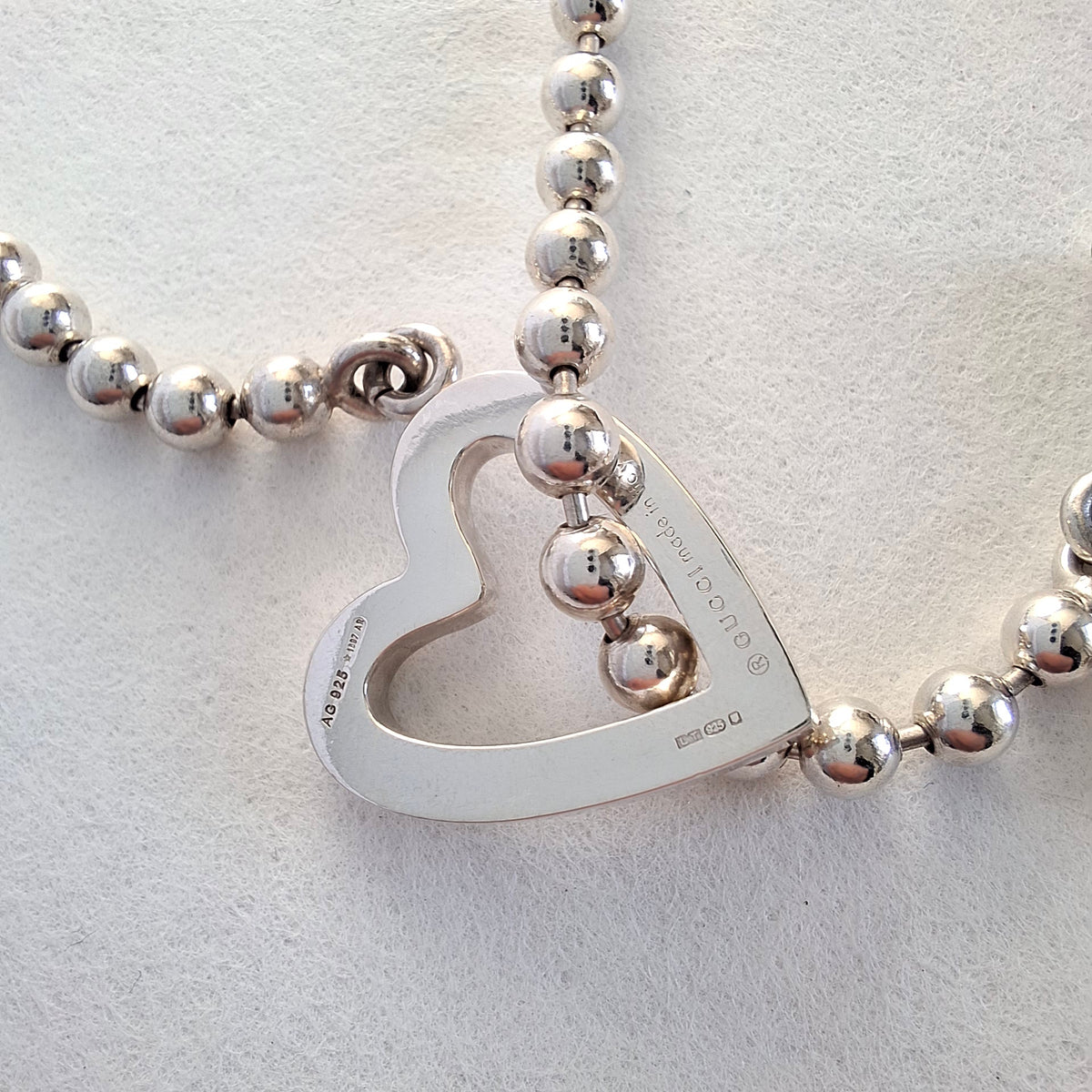 Gucci Love Heart Toggle Clasp Boule Bead Necklace in Hallmarked Sterling Silver